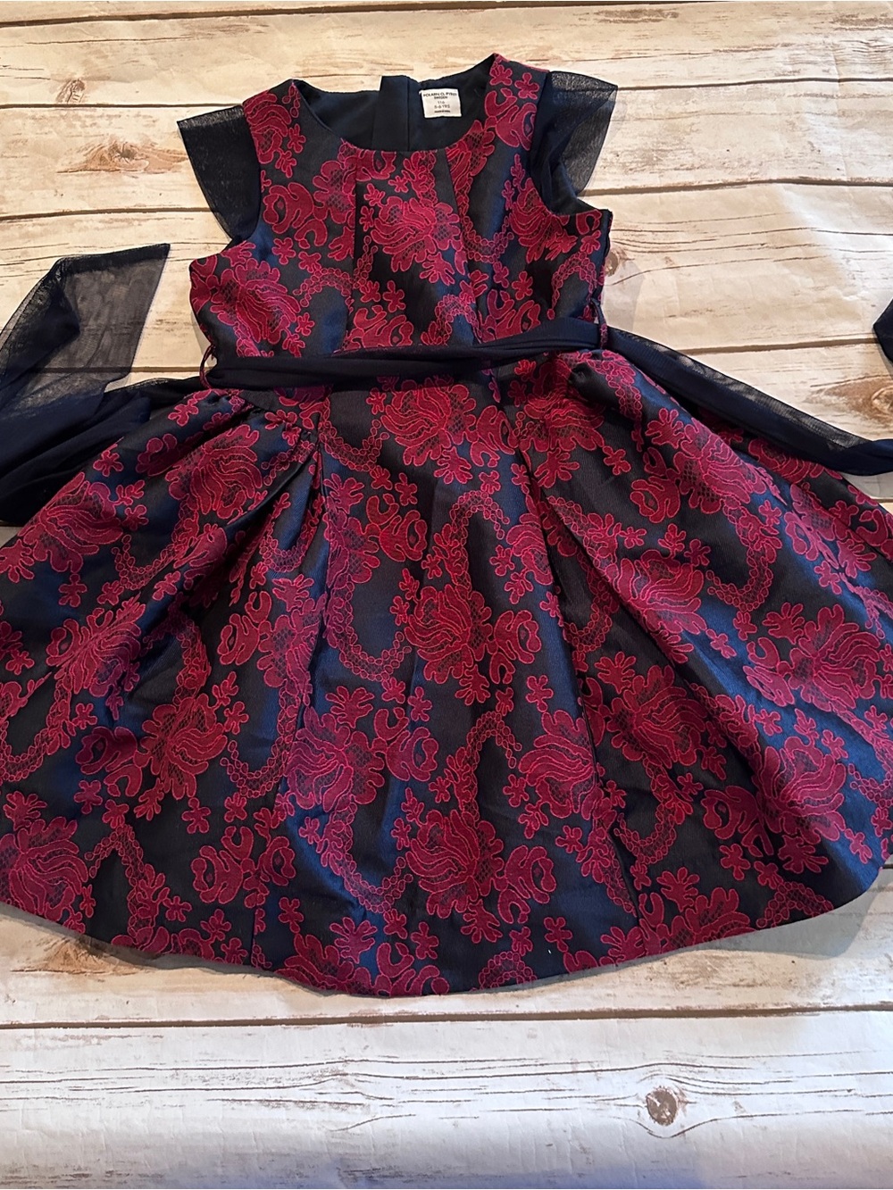 Polarn O. Pyret Navy Dress with Burgundy Floral Lace Overlay